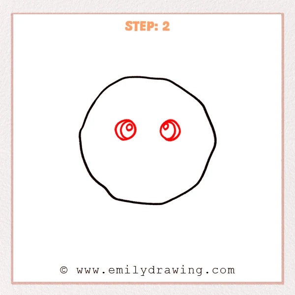 how to draw a cartoon cookie - Step 2 adds two big, shiny cartoon eyes inside the cookie outline, giving the cartoon cookie a cute face.